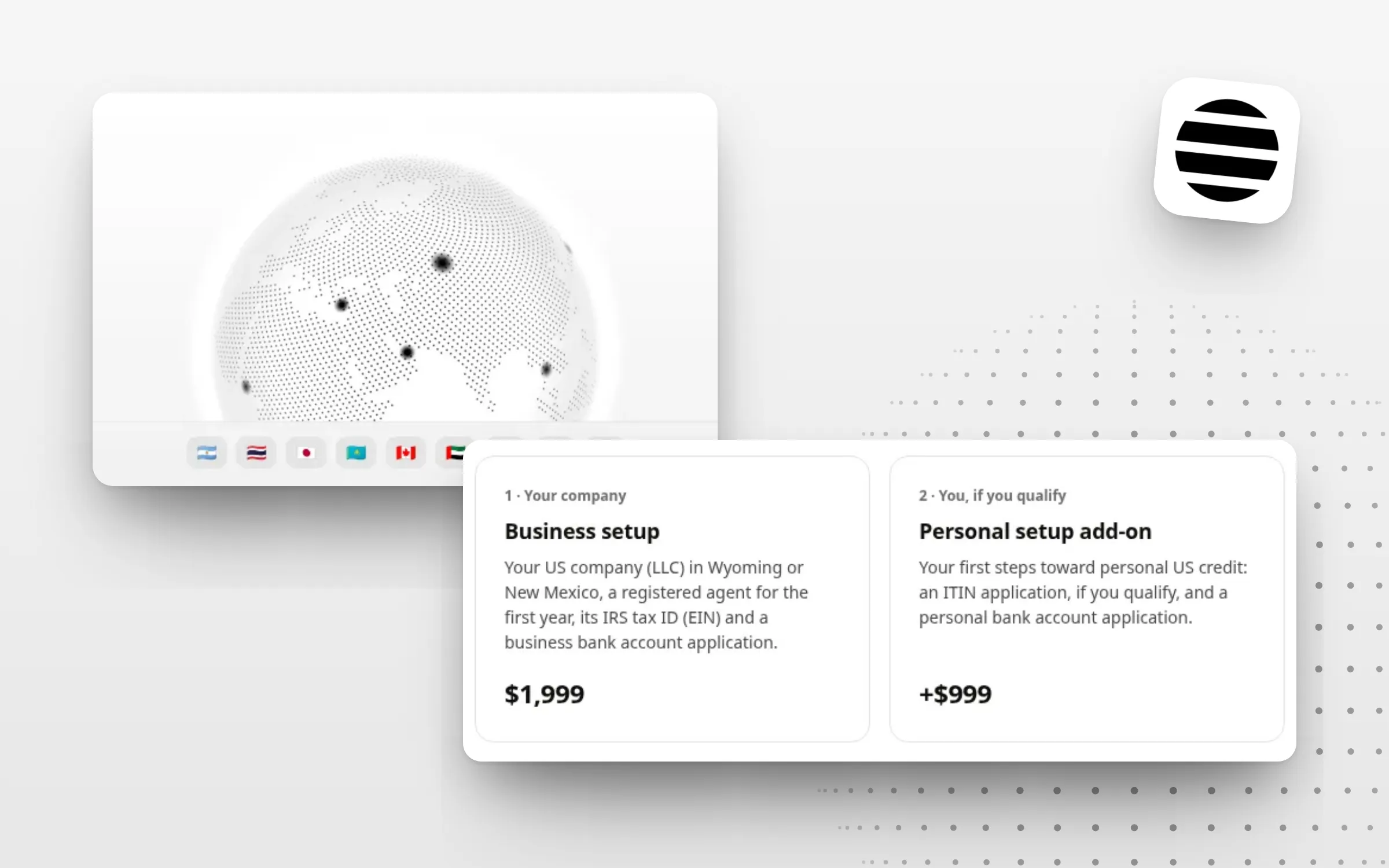 Close-ups of BorderlessKit’s homepage globe and its order packages over a dotted globe, with its striped globe icon.