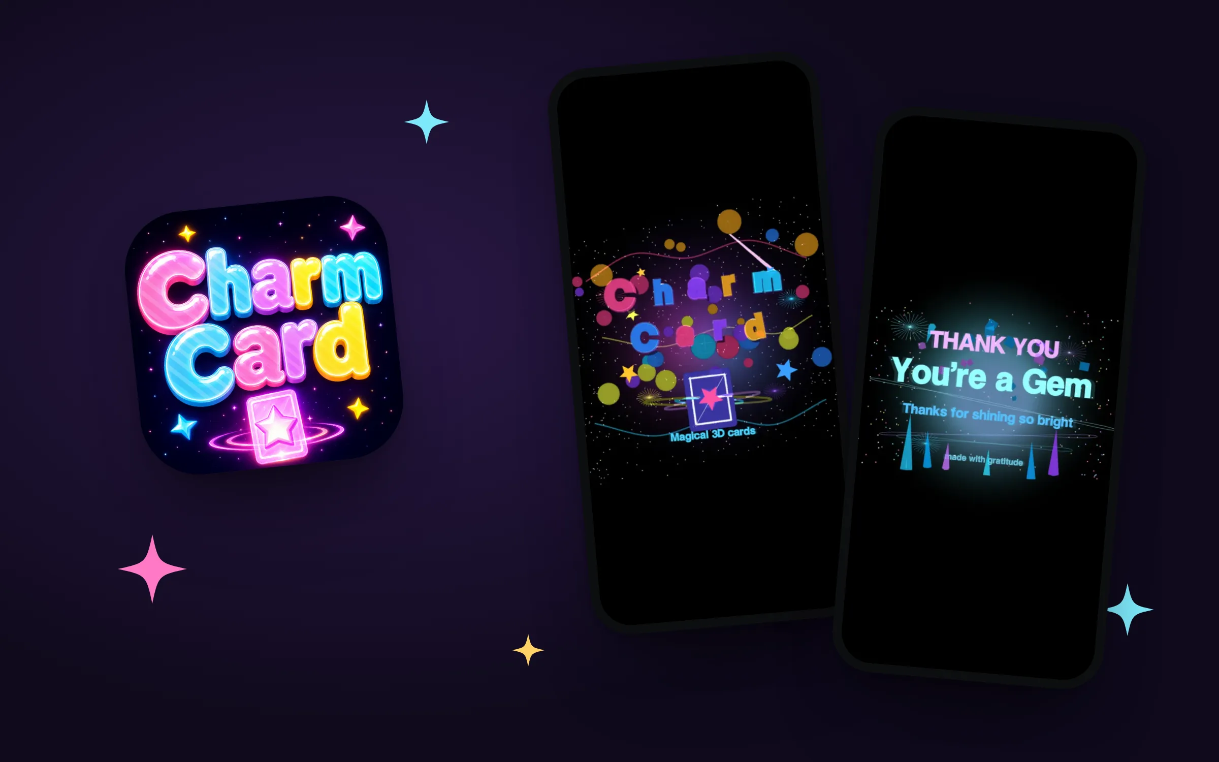 CharmCard’s icon among sparkles beside two phones: the animated-card picker and a finished thank-you card.