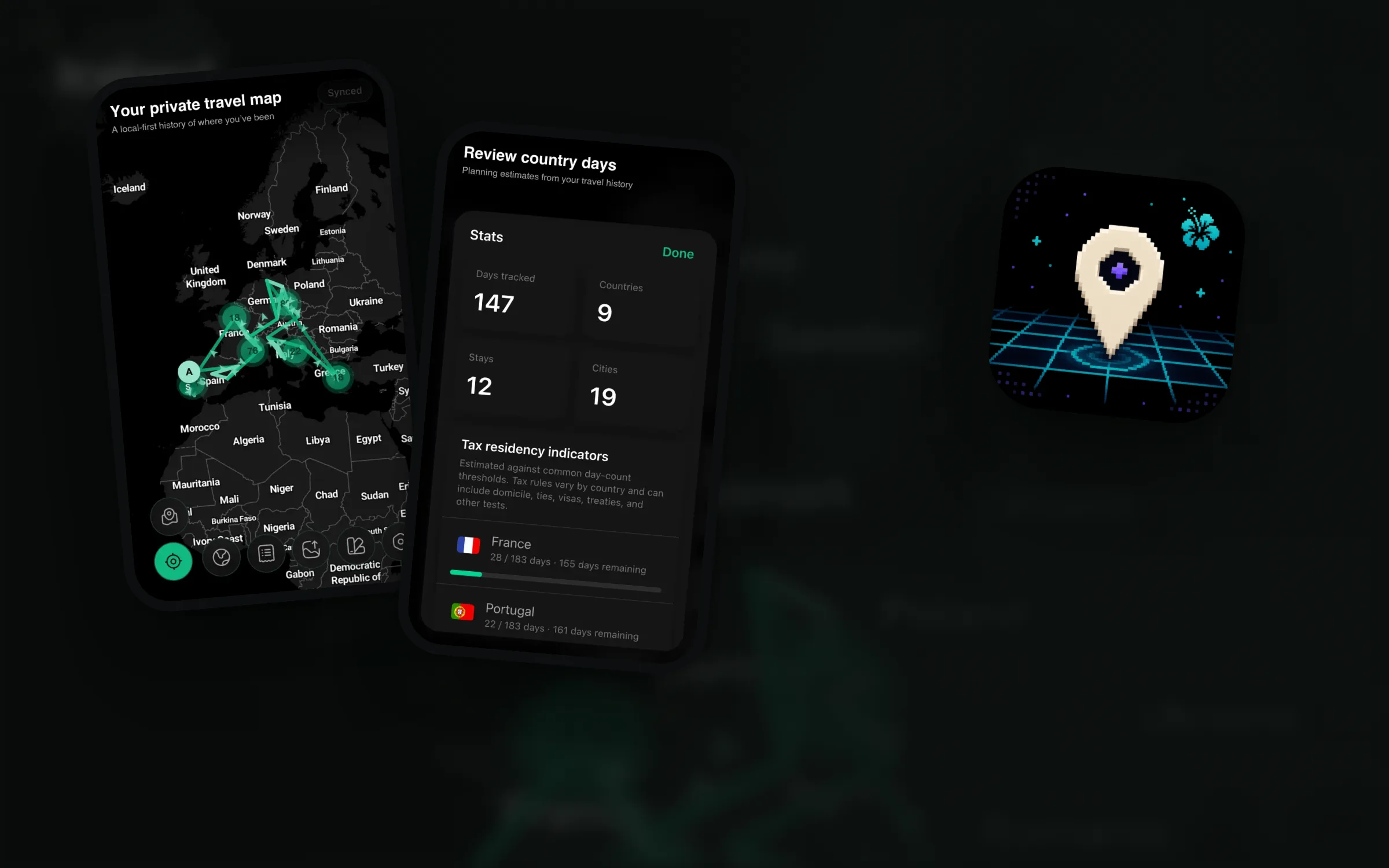 Coordinates’ icon beside phones showing the travel map and country-day statistics, over a faded map.