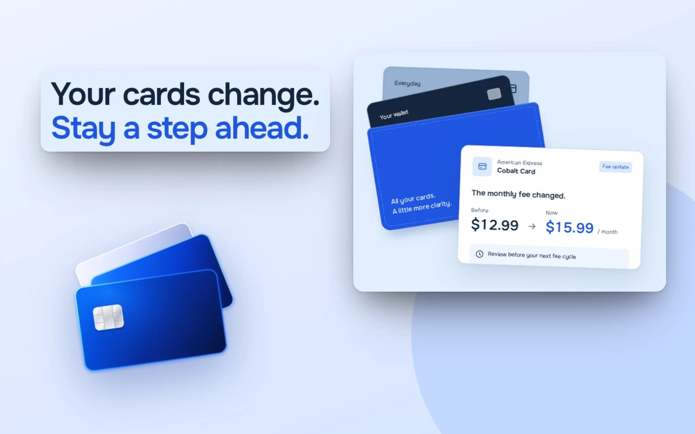 Close-ups of CreditCardKit’s headline and a card whose monthly fee changed, beside its card-stack icon.