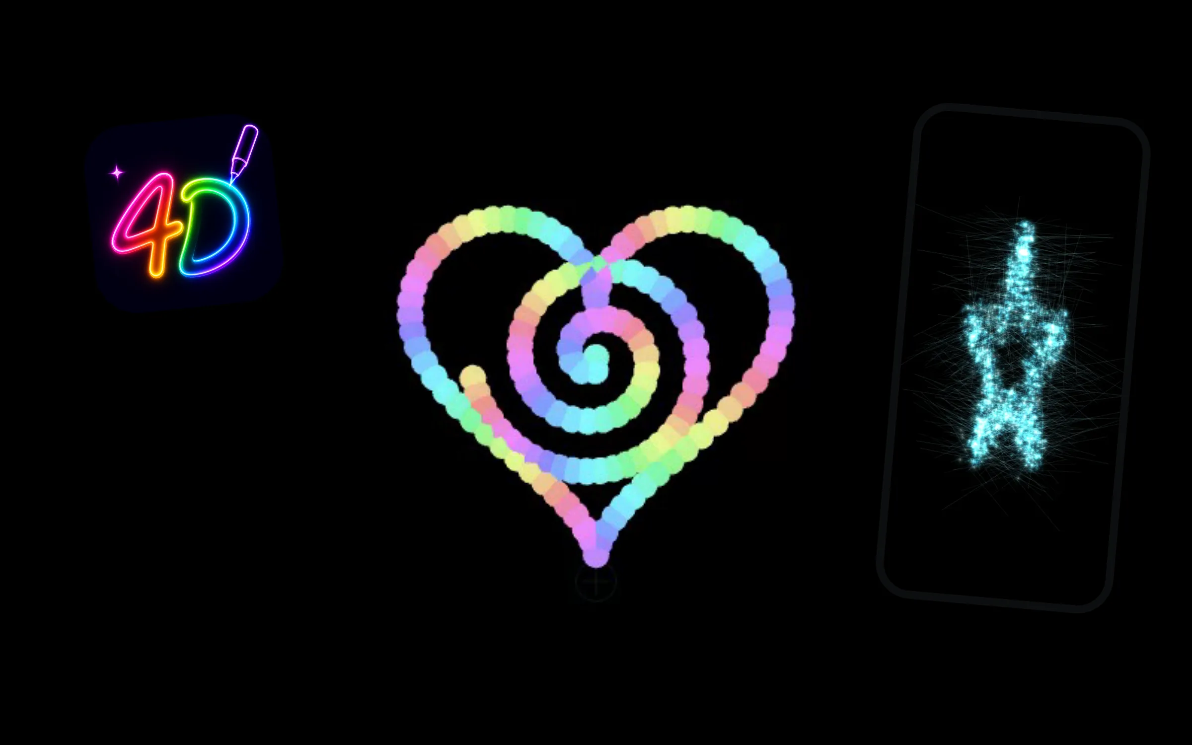 A rainbow heart and spiral drawn in Doodle 4D, with its icon and a phone showing a glowing star.
