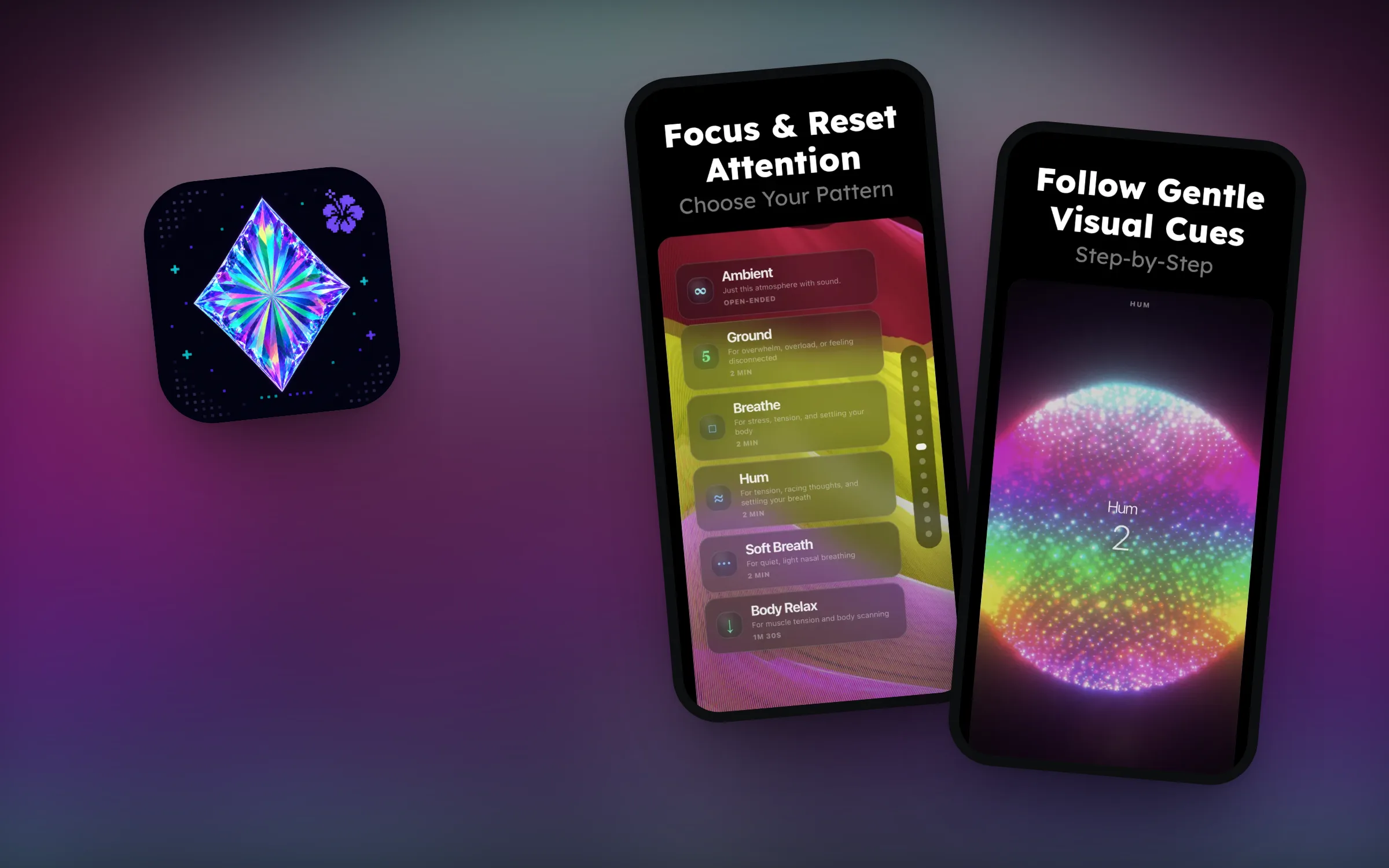 Focus Pattern’s icon and two phones with session choices and a glowing visual cue, over a blurred generative pattern.