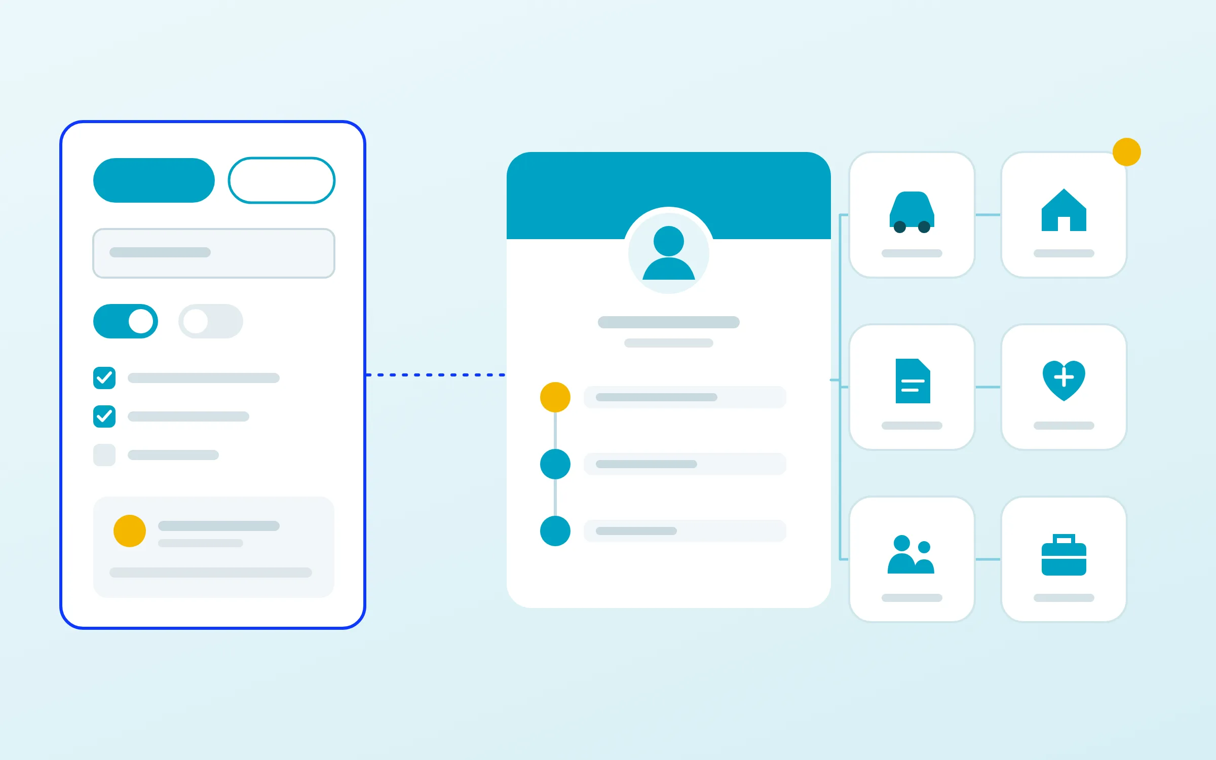 Illustration: a kit of shared interface parts, outlined in blue, feeds a citizen account card connected to six public-service tiles.