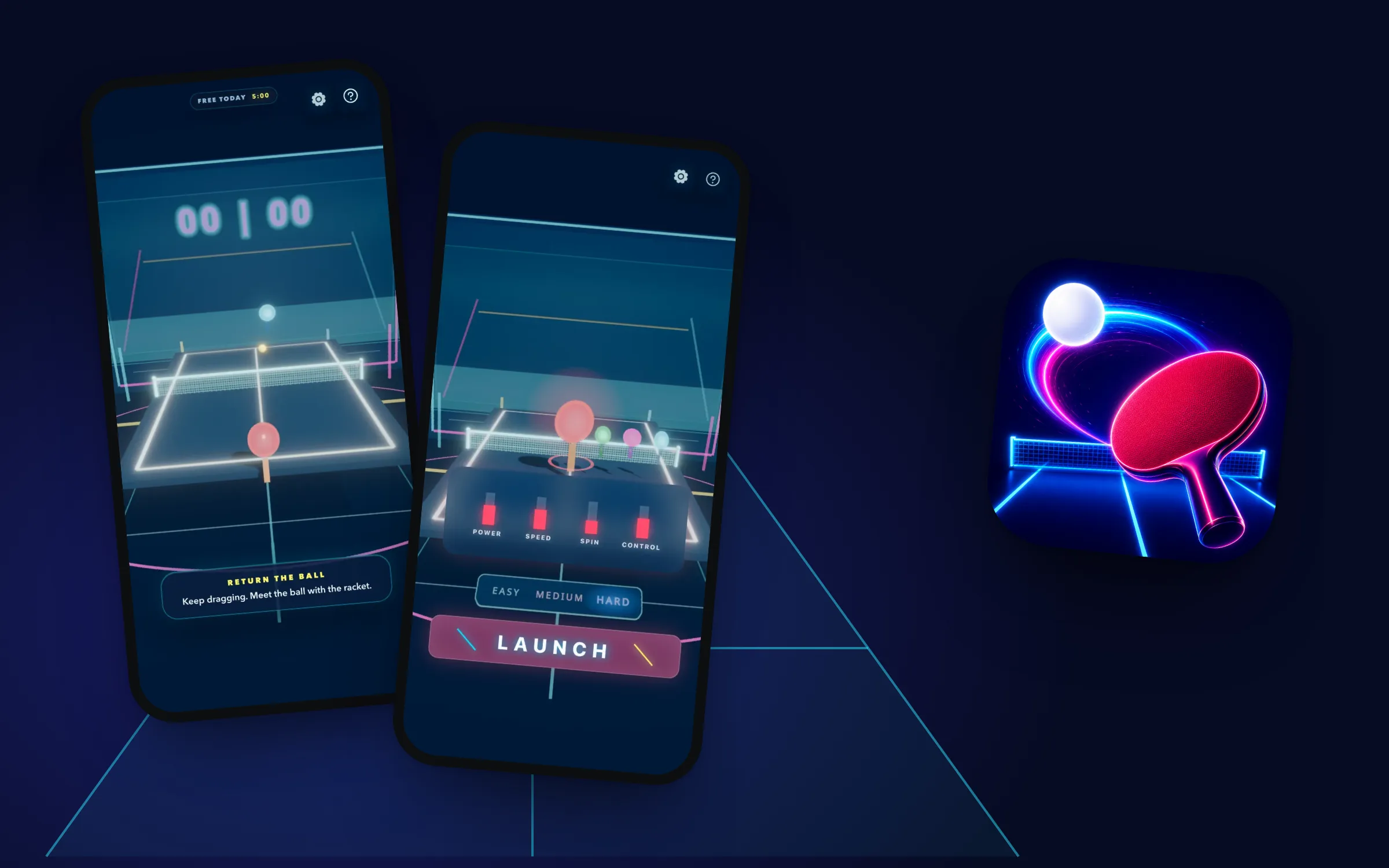 NEON PONG’s paddle icon beside two phones with the neon table, over glowing table lines.