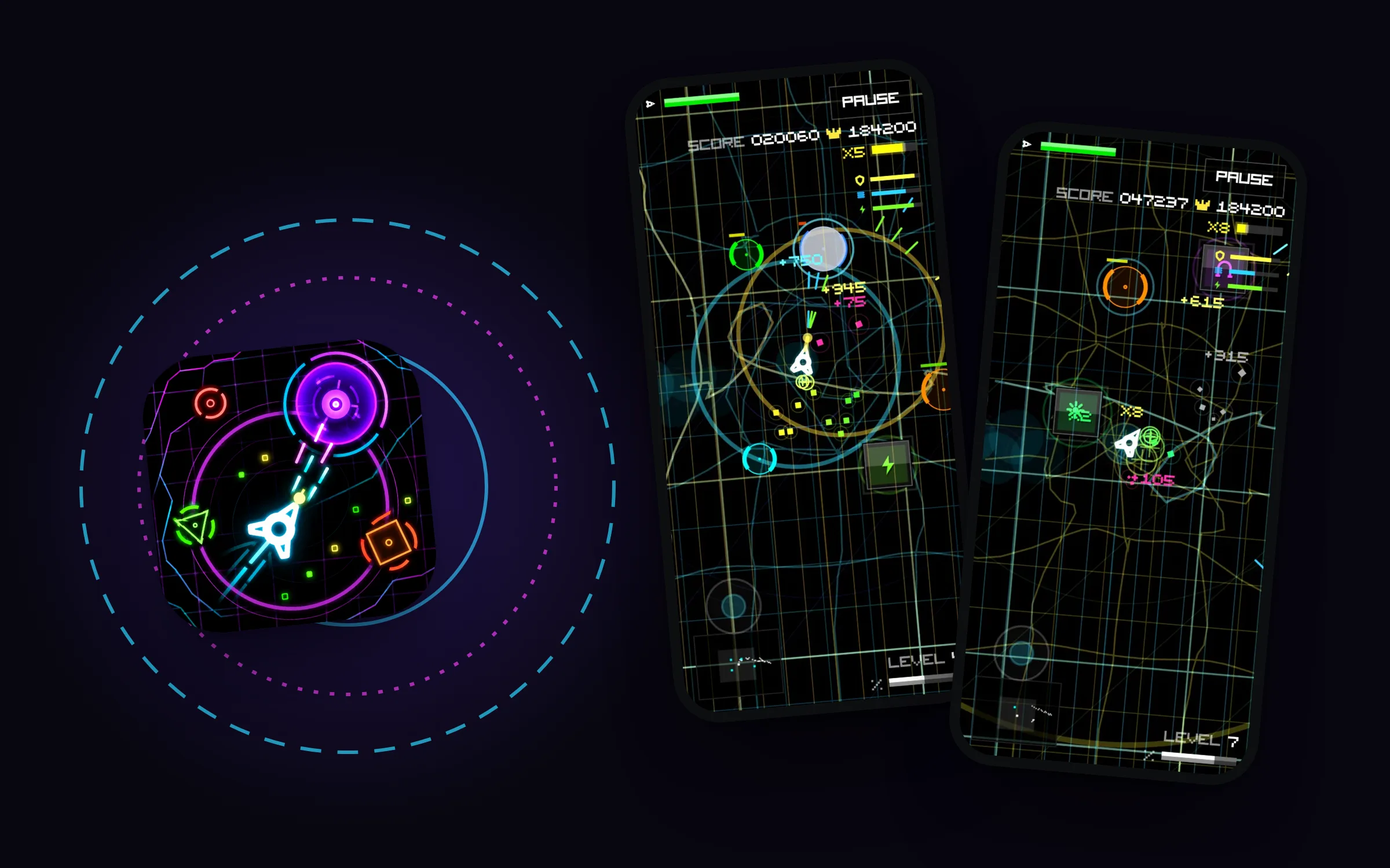 Orbit Blast’s ship icon inside neon orbit rings, beside two phones with runs in progress.