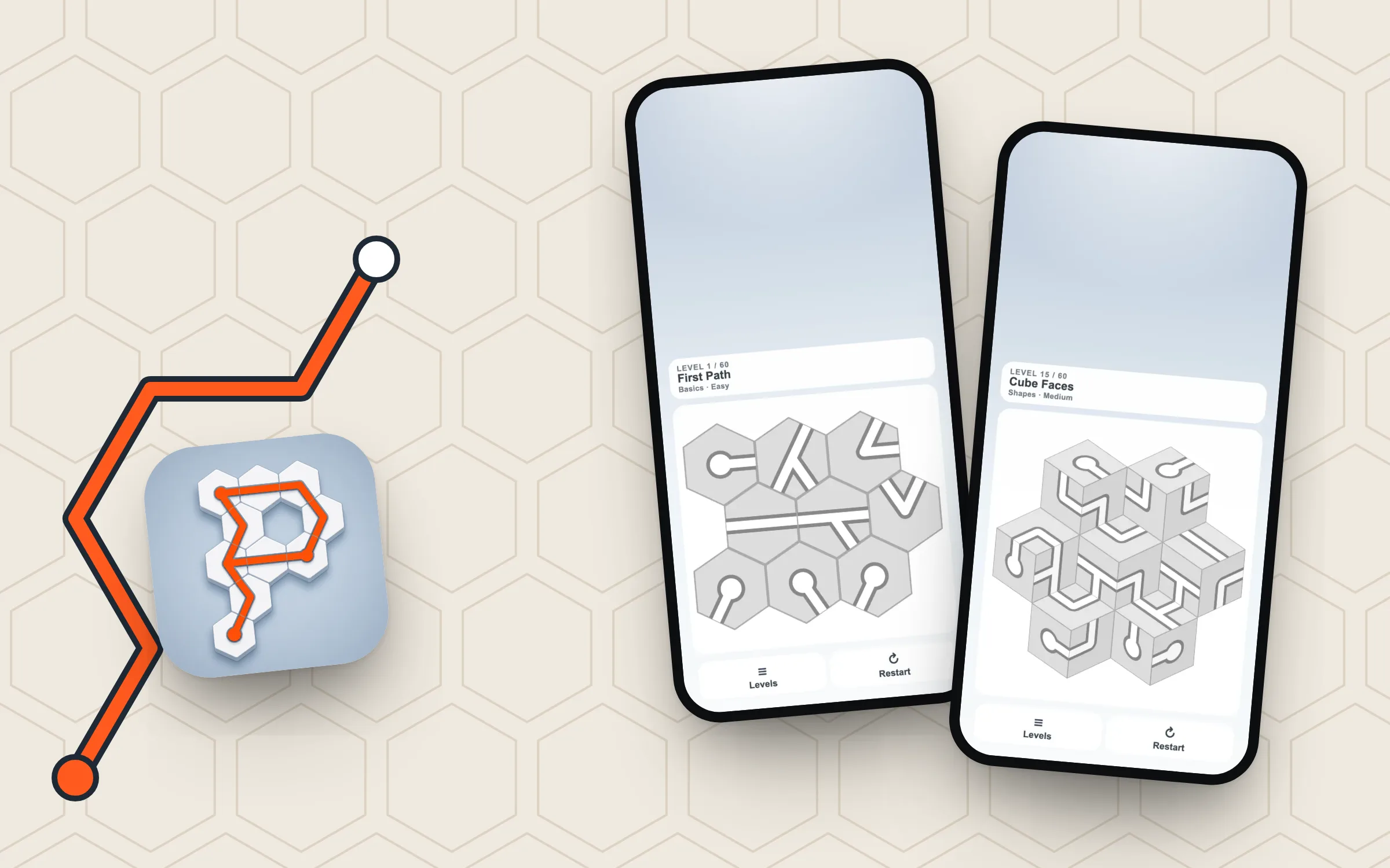Path Puzzle’s icon on a hex pattern crossed by one orange path, beside hex and cube boards.