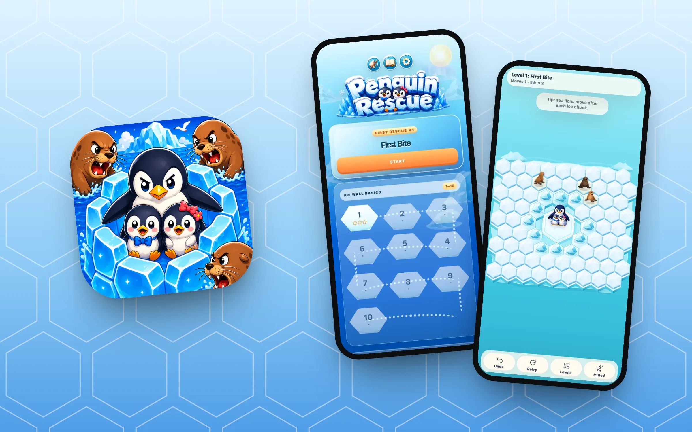 Penguin Rescue’s icon on an ice-hex pattern beside phones with the level map and a hex board.