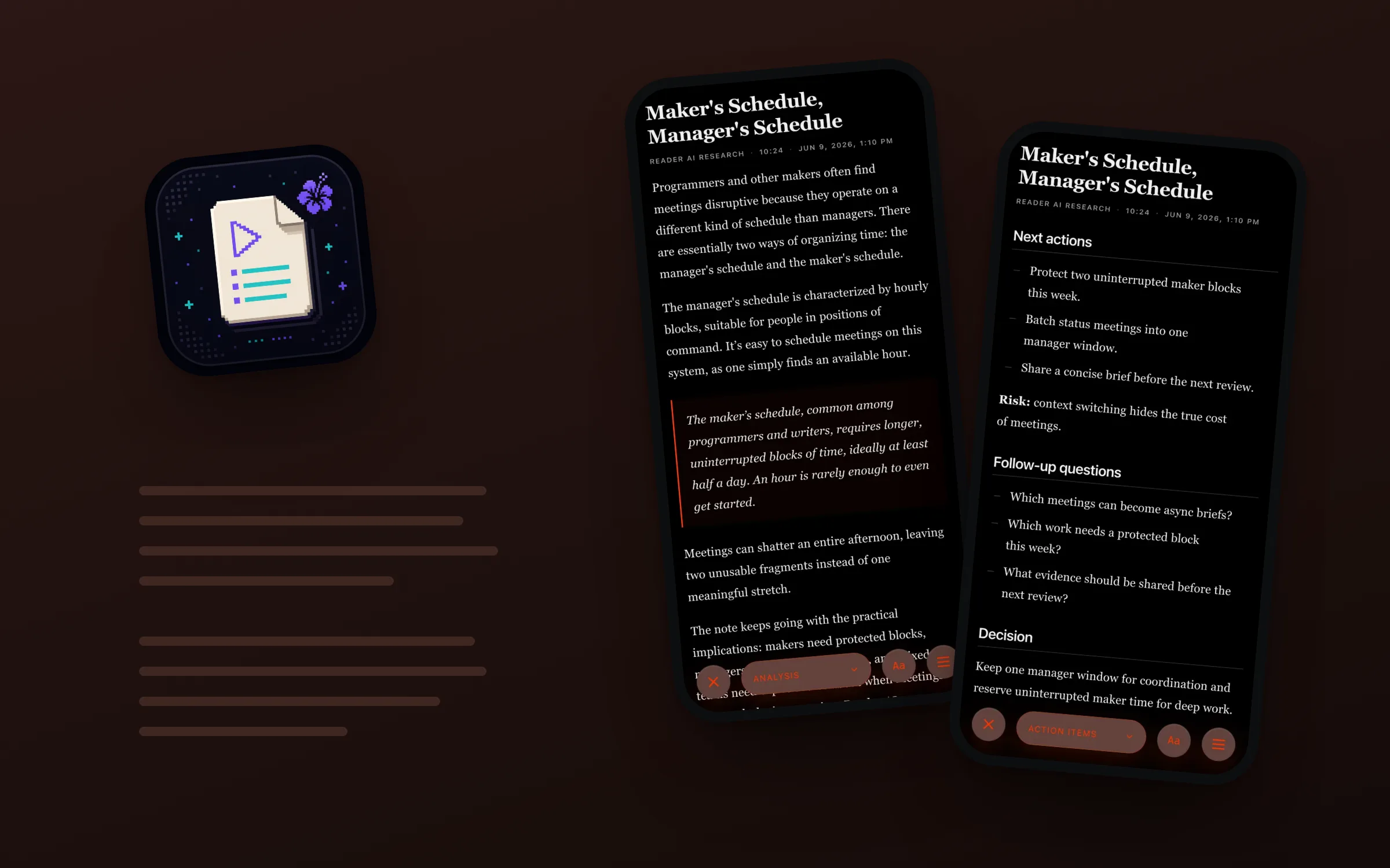 Reader AI’s icon beside two phones showing an article and its analysis notes.