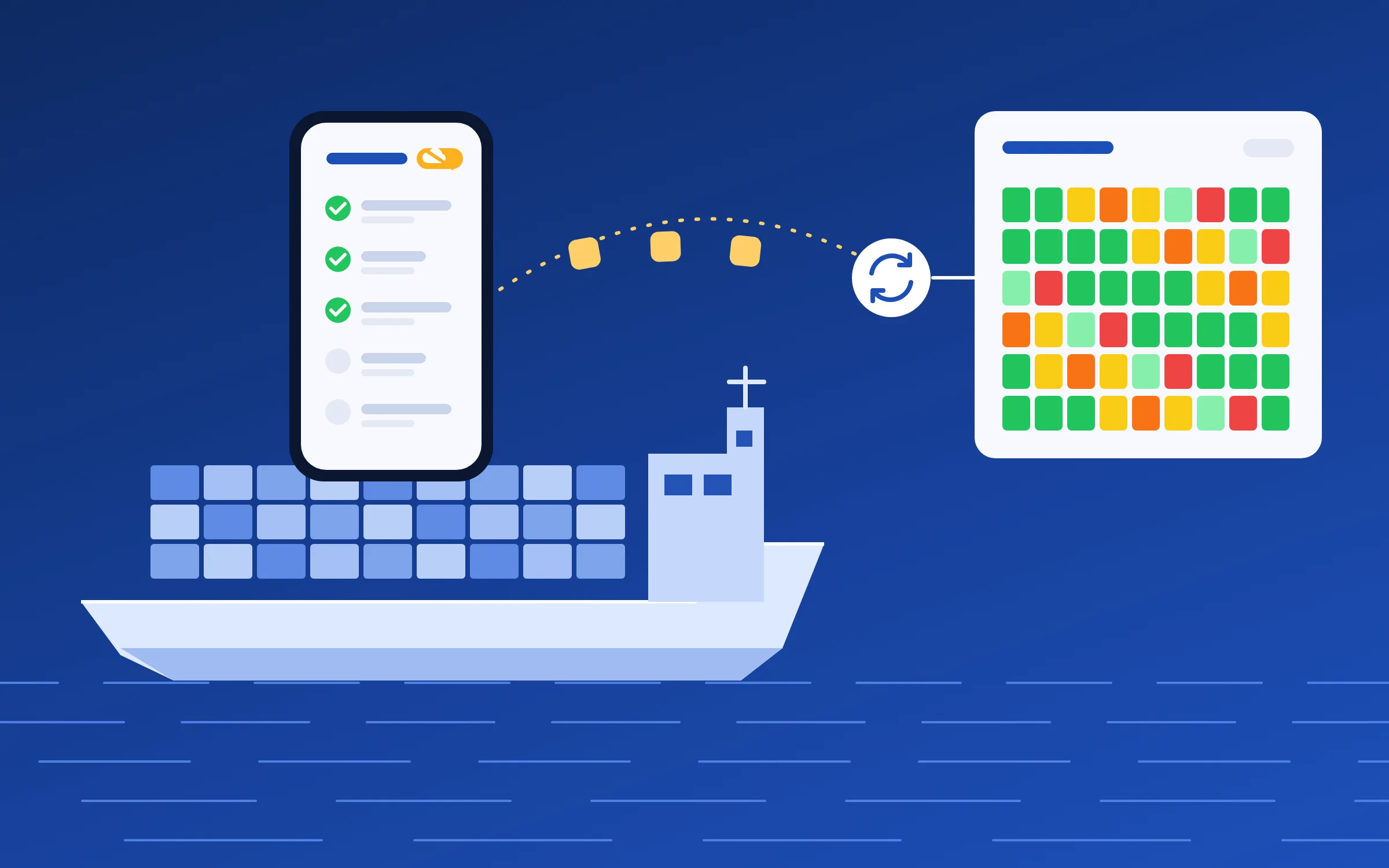 Illustration: a crew phone with a safety checklist works offline aboard a container ship; queued changes sync to a fleet overview.