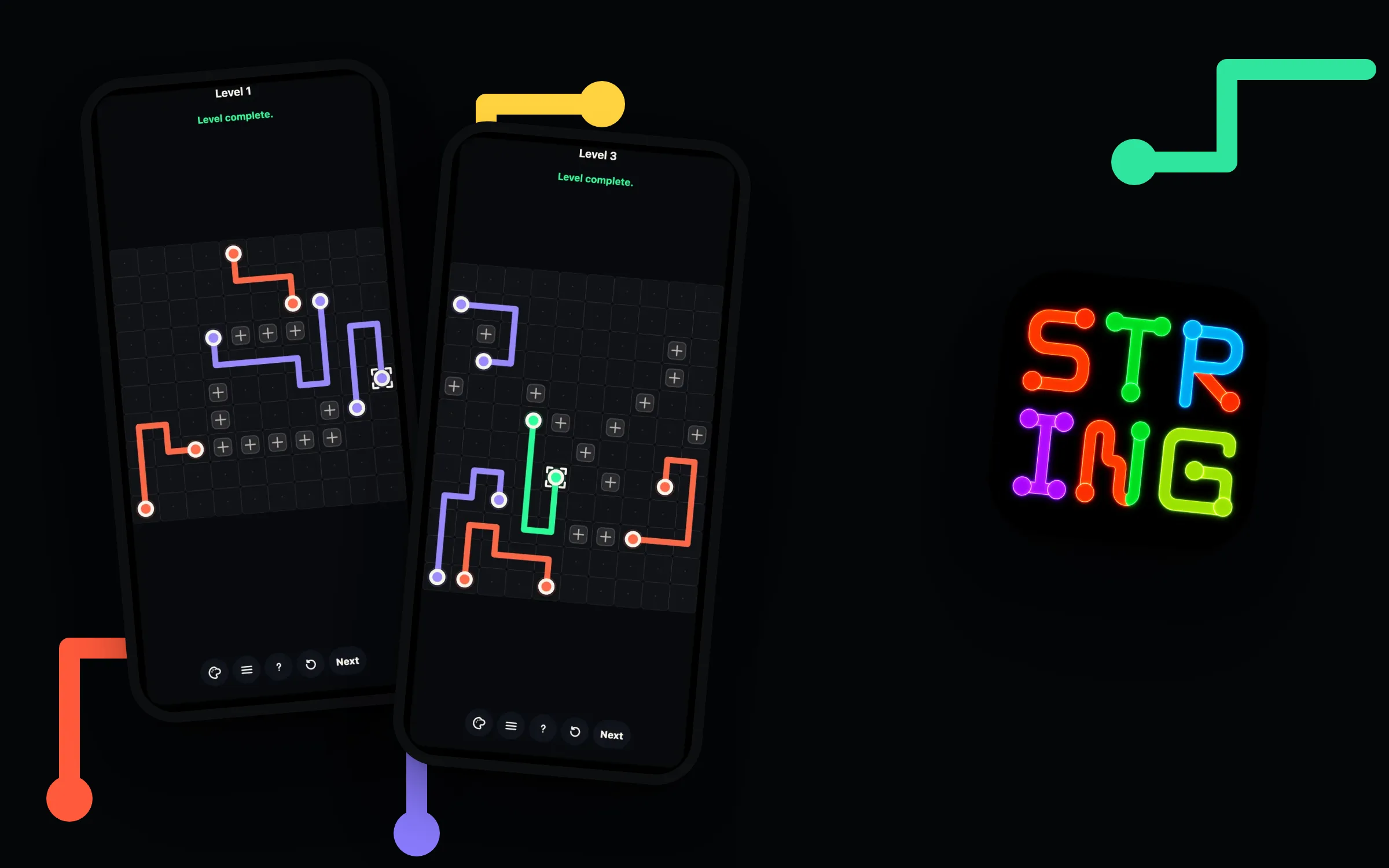 Two Stringline boards with colored lines beside its neon STRING icon, with strings drawn in the game’s colors.