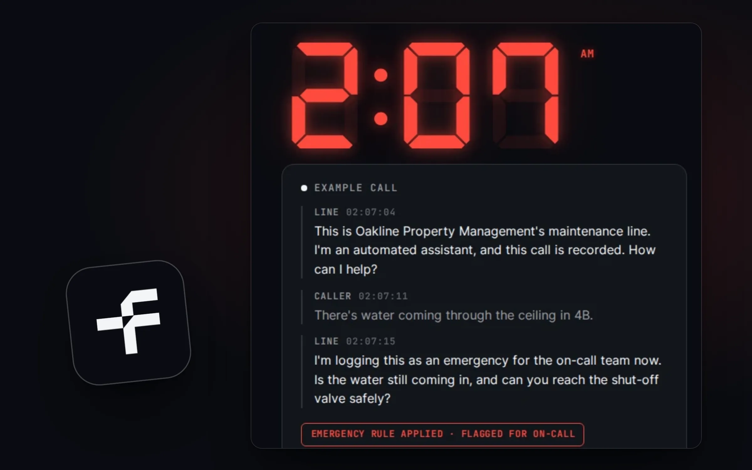 Tellfront's red 2:07 a.m. clock and an example maintenance call flagged as an emergency, on a night-black background.