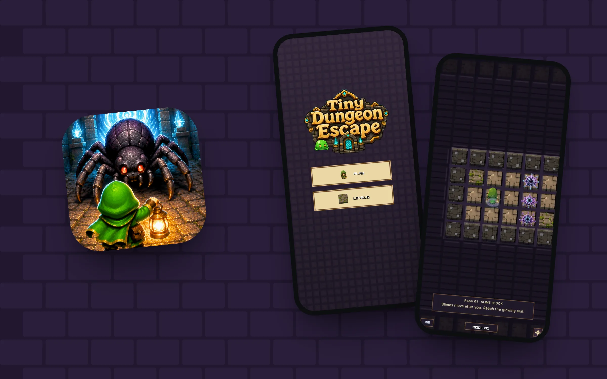 Tiny Dungeon Escape’s icon with a spider and a lantern bearer, beside the start screen and a dungeon room.