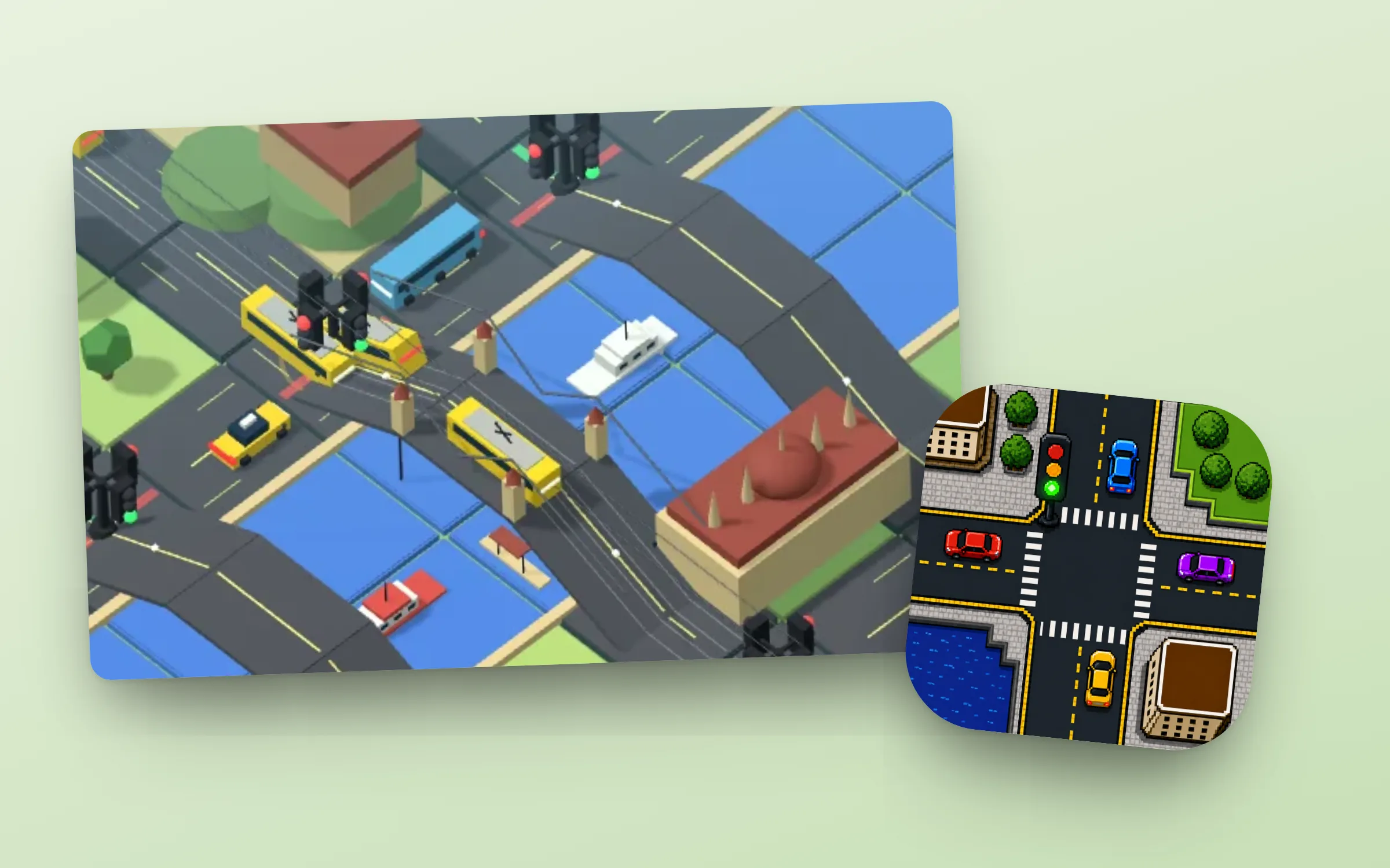 A close-up of a Traffic Light Madness river crossing with buses and taxis, beside its intersection icon.