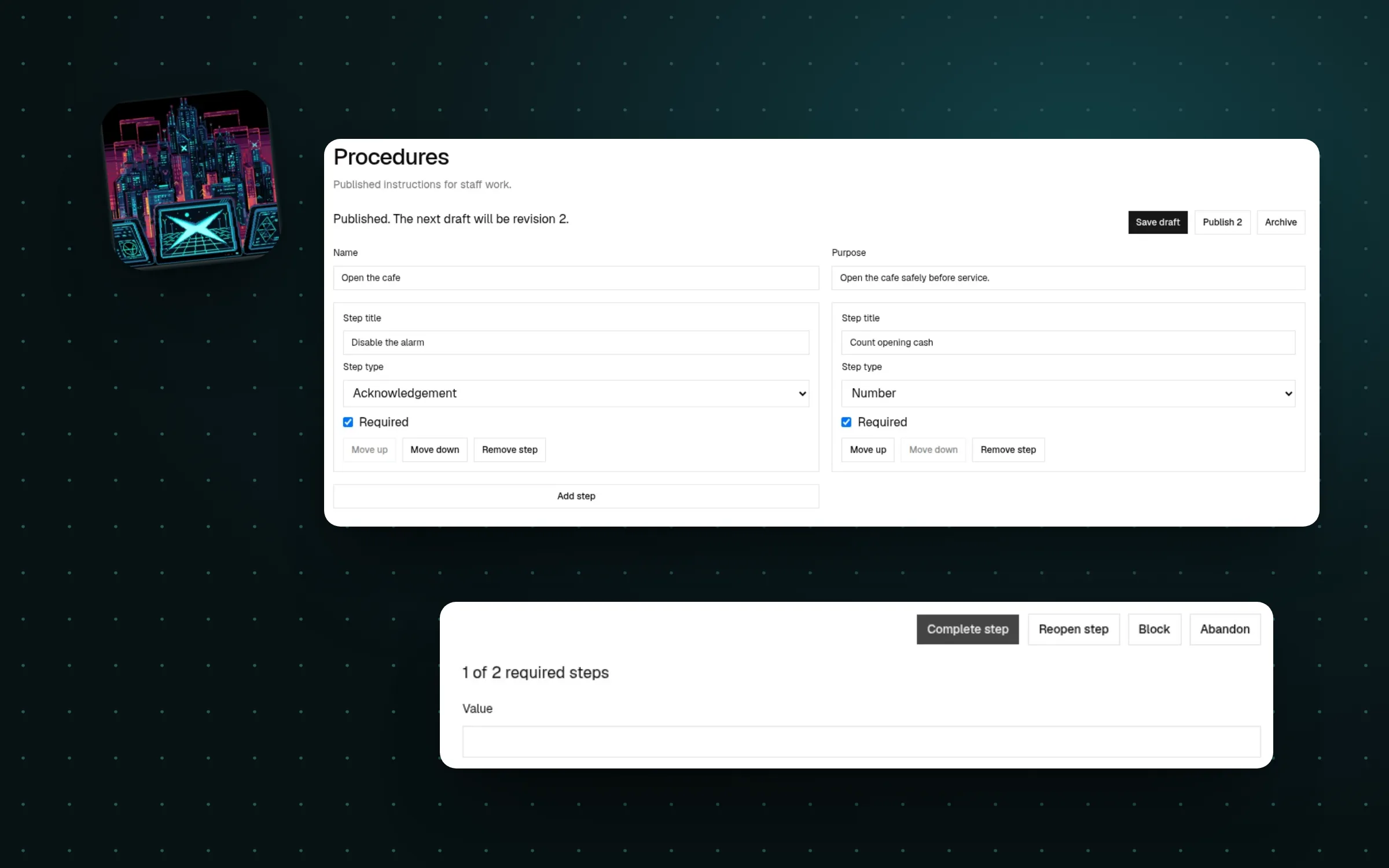 Xevol’s icon beside close-ups of the procedure editor’s two steps and a run’s step controls, on a dark teal grid.