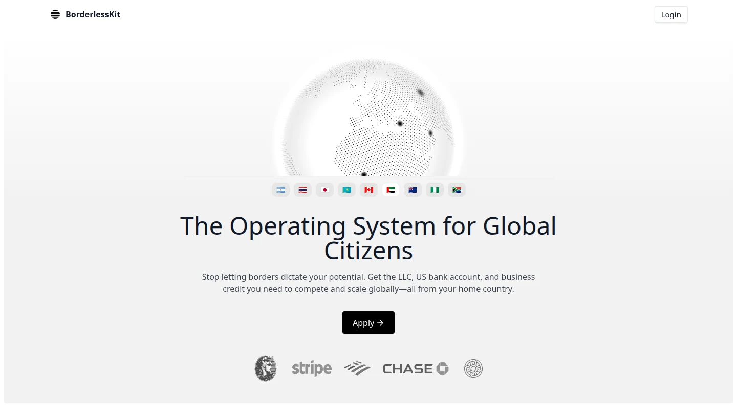 BorderlessKit homepage: a dotted globe above The Operating System for Global Citizens.
