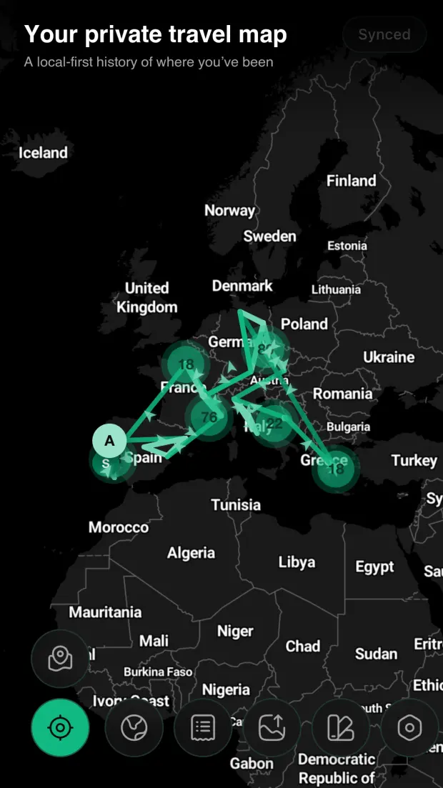 Coordinates product interface. Private location history is translated into a legible travel map.