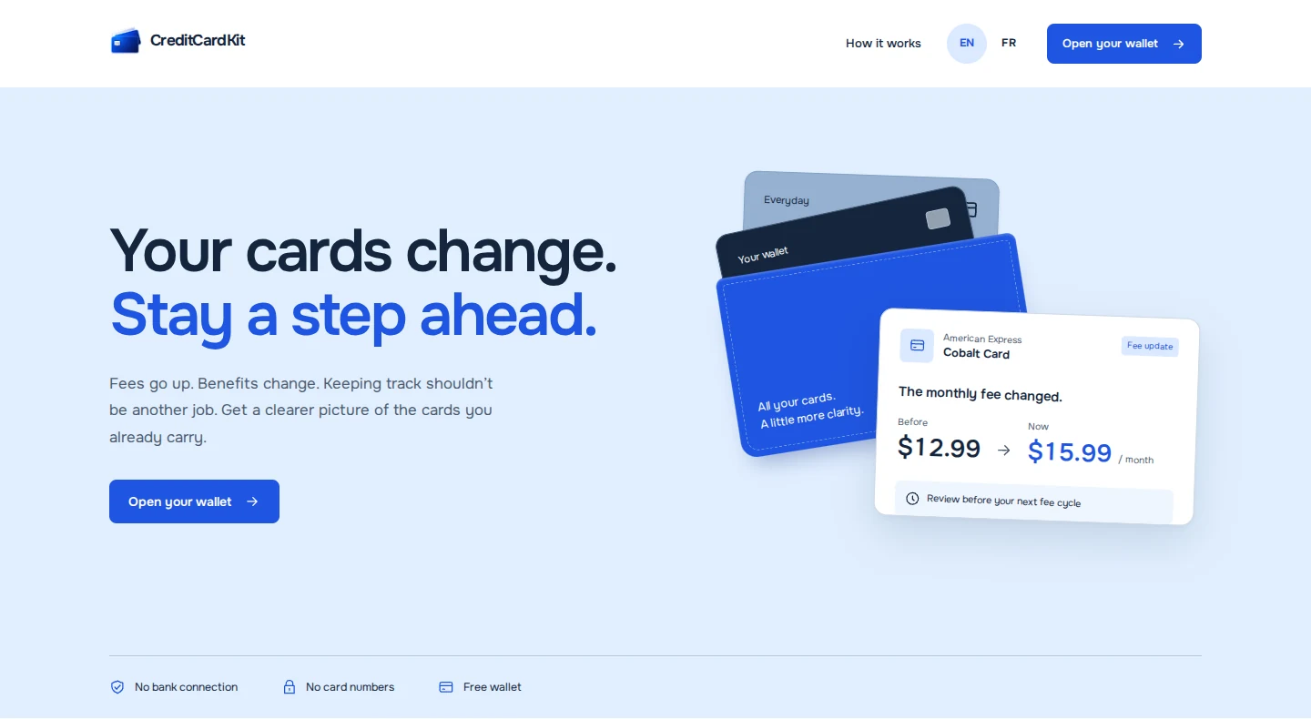 CreditCardKit homepage showing a card whose monthly fee changed from $12.99 to $15.99.