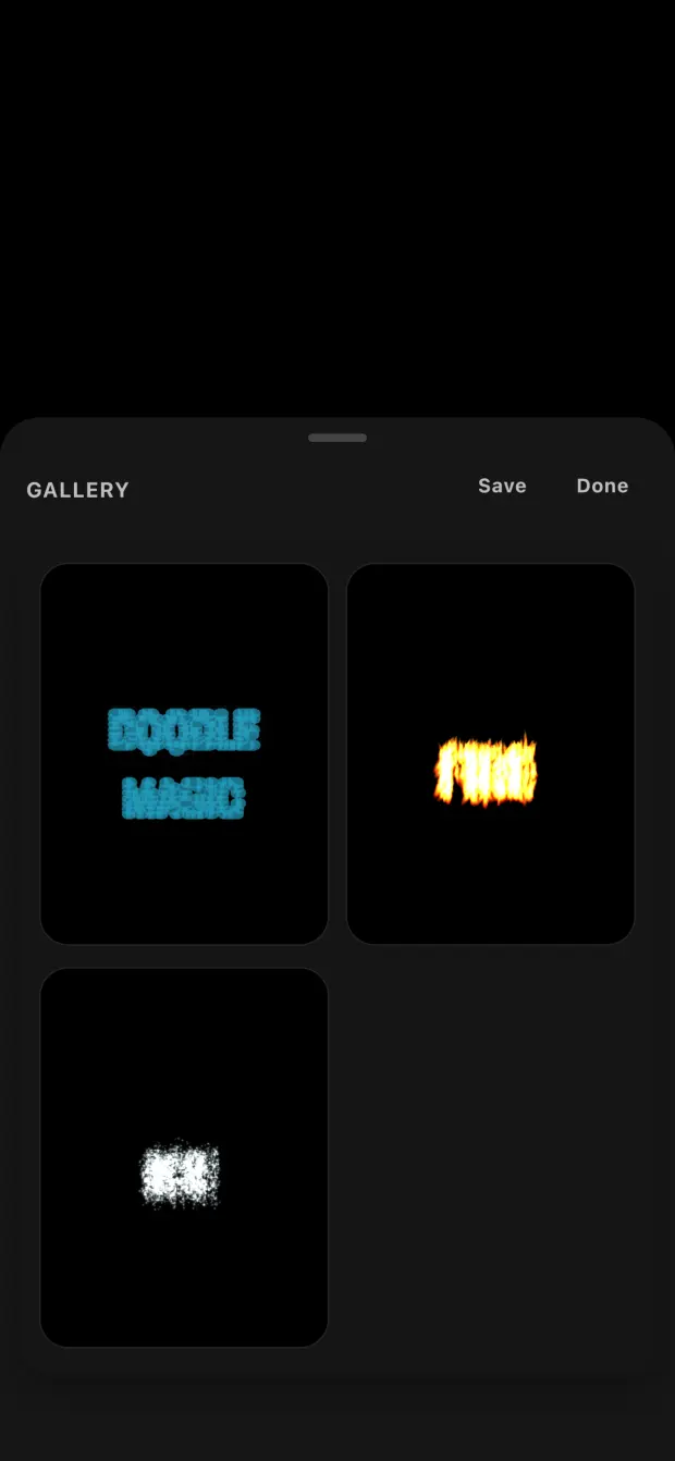 Doodle 4D product interface. A gallery keeps motion drawings available for reuse and sharing.