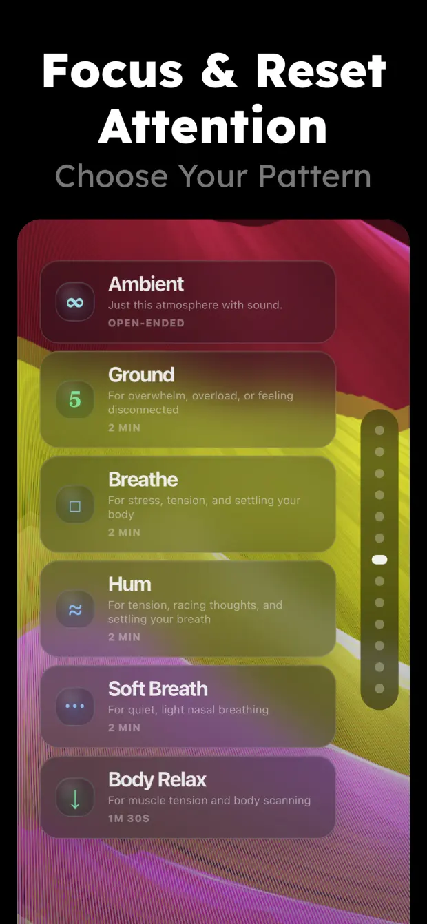 Focus Pattern product interface. Session selection brings breathing patterns, sound, and duration into one calm starting point.
