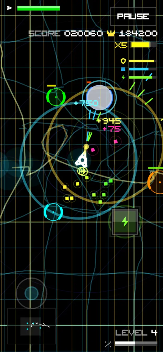 Orbit Blast product interface. Orbital movement supports a readable action loop on mobile.