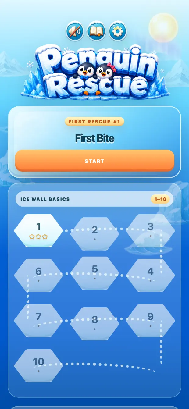 Penguin Rescue product interface. The level map makes progression visible without slowing entry into play.