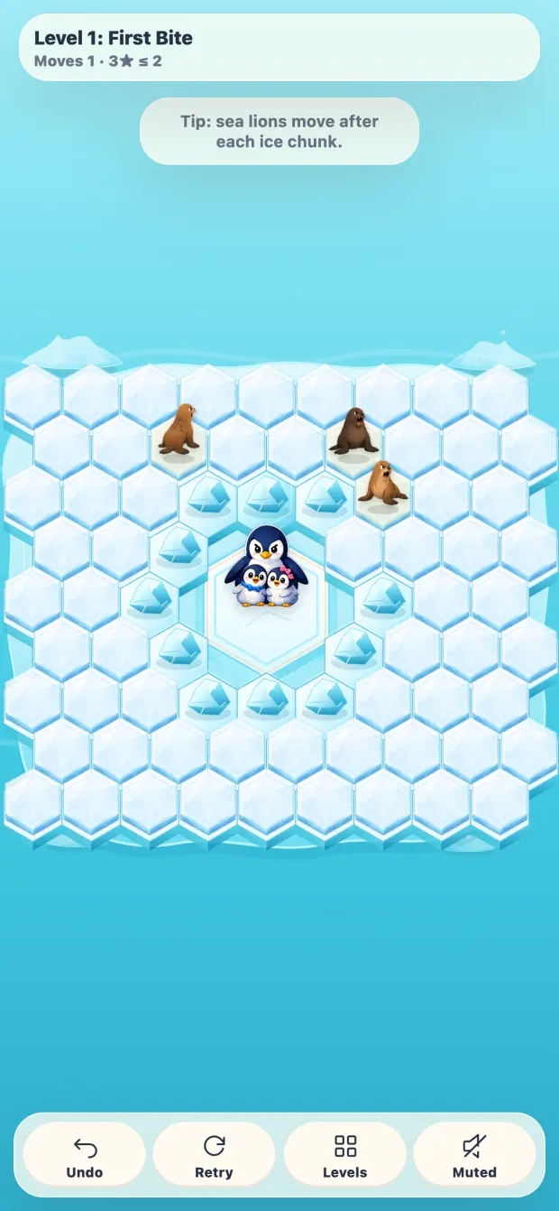 Penguin Rescue product interface. Hex-grid movement and blocking rules remain readable on a small screen.