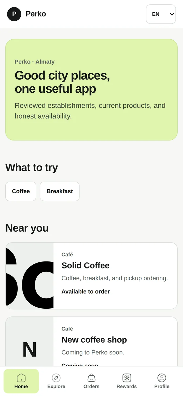 Perko product interface. The customer marketplace brings participating venues, current products, availability, orders, and rewards into one shared shell.