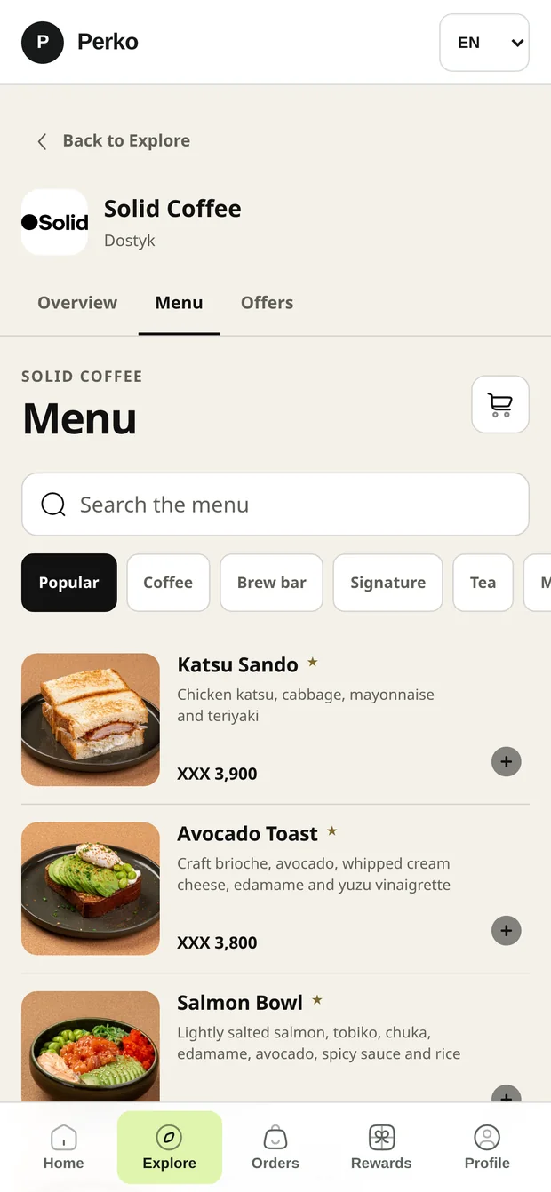 Perko product interface. Each venue keeps its own menu and brand context inside the same customer and operating system.