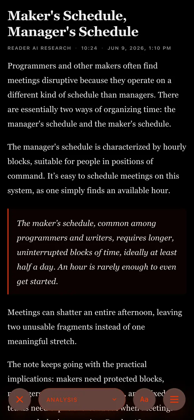 Reader AI product interface. Saved articles become readable context inside a focused mobile library.