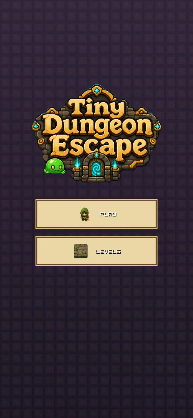 Tiny Dungeon Escape product interface. A compact start screen establishes character and immediate play.