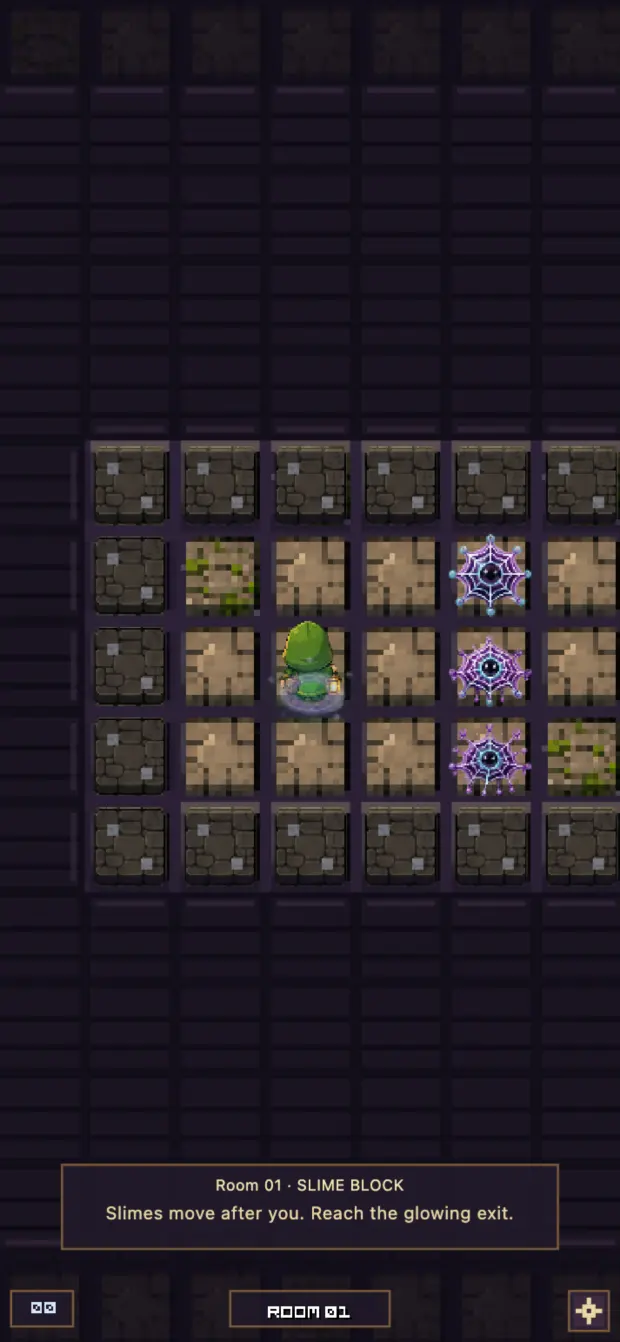 Tiny Dungeon Escape product interface. Room puzzles combine spatial logic with a visible sense of place.
