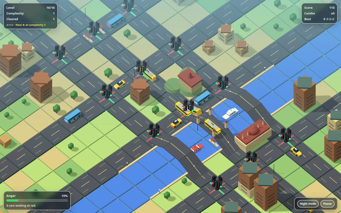 Traffic Light Madness city diorama with a river, bridges, traffic signals, buses, and taxis.