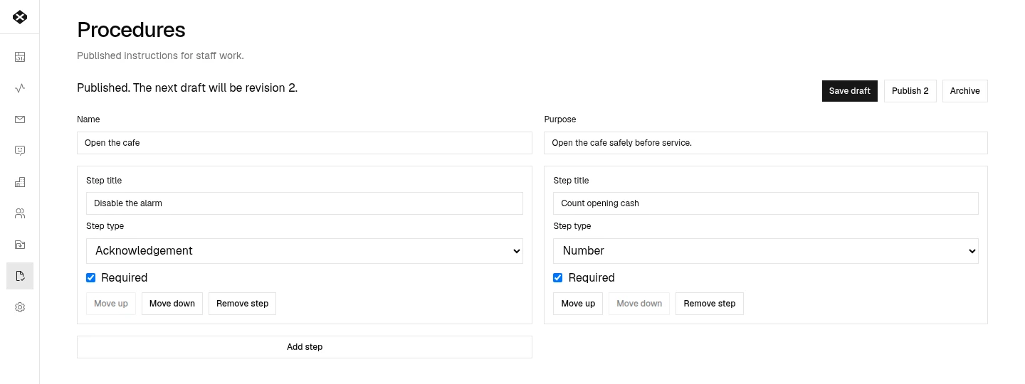 Xevol procedure editor with purpose, required steps, input types, and revision publishing.